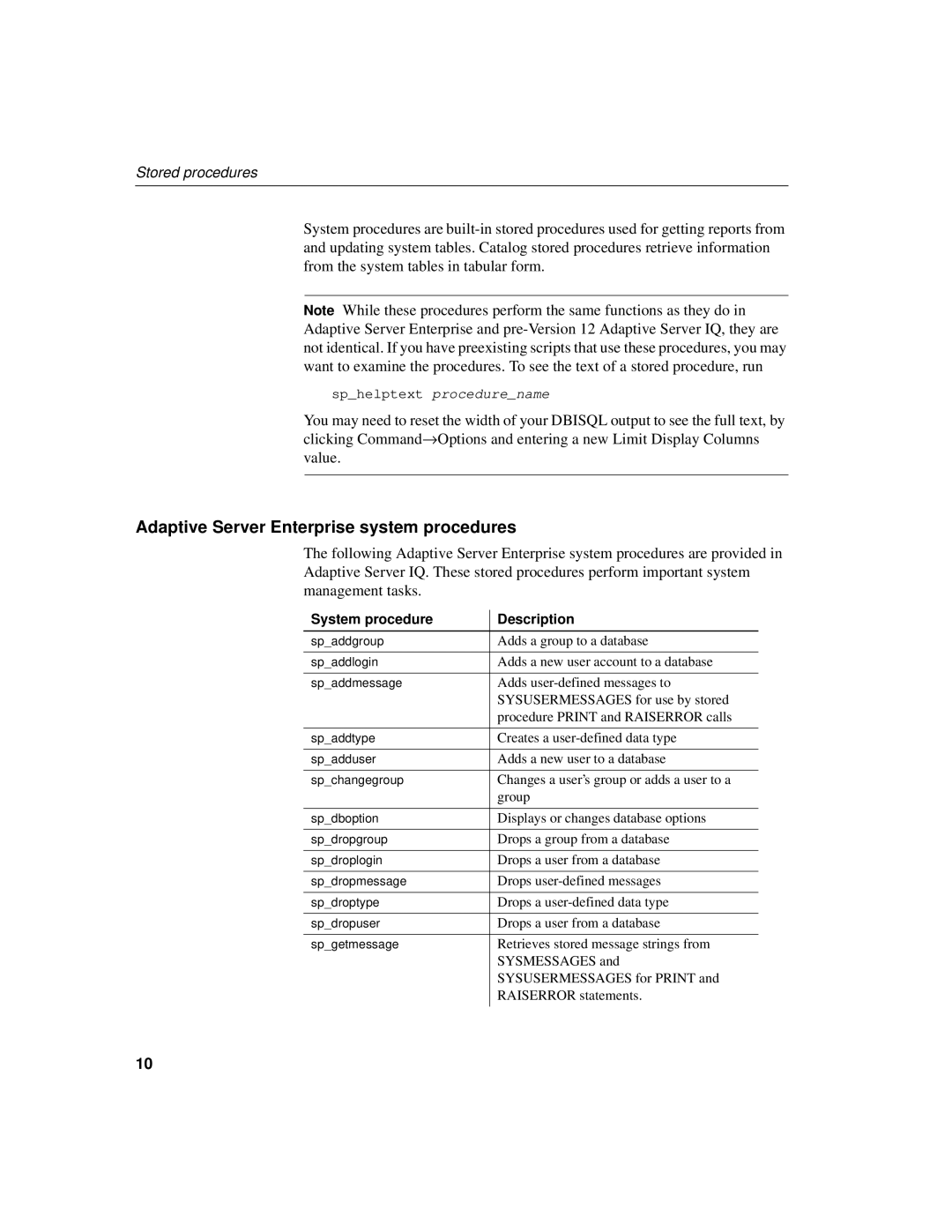 Sybase 12.4.2 manual Adaptive Server Enterprise system procedures, System procedure Description 