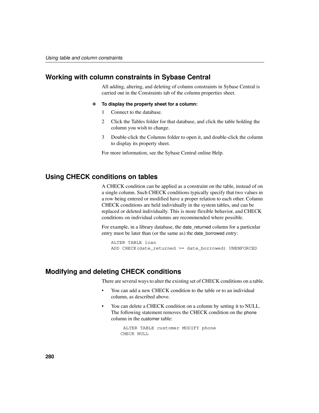 Sybase 12.4.2 manual Working with column constraints in Sybase Central, Using Check conditions on tables, 280 