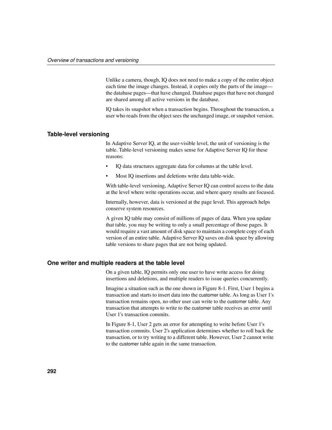 Sybase 12.4.2 manual Table-level versioning, One writer and multiple readers at the table level, 292 