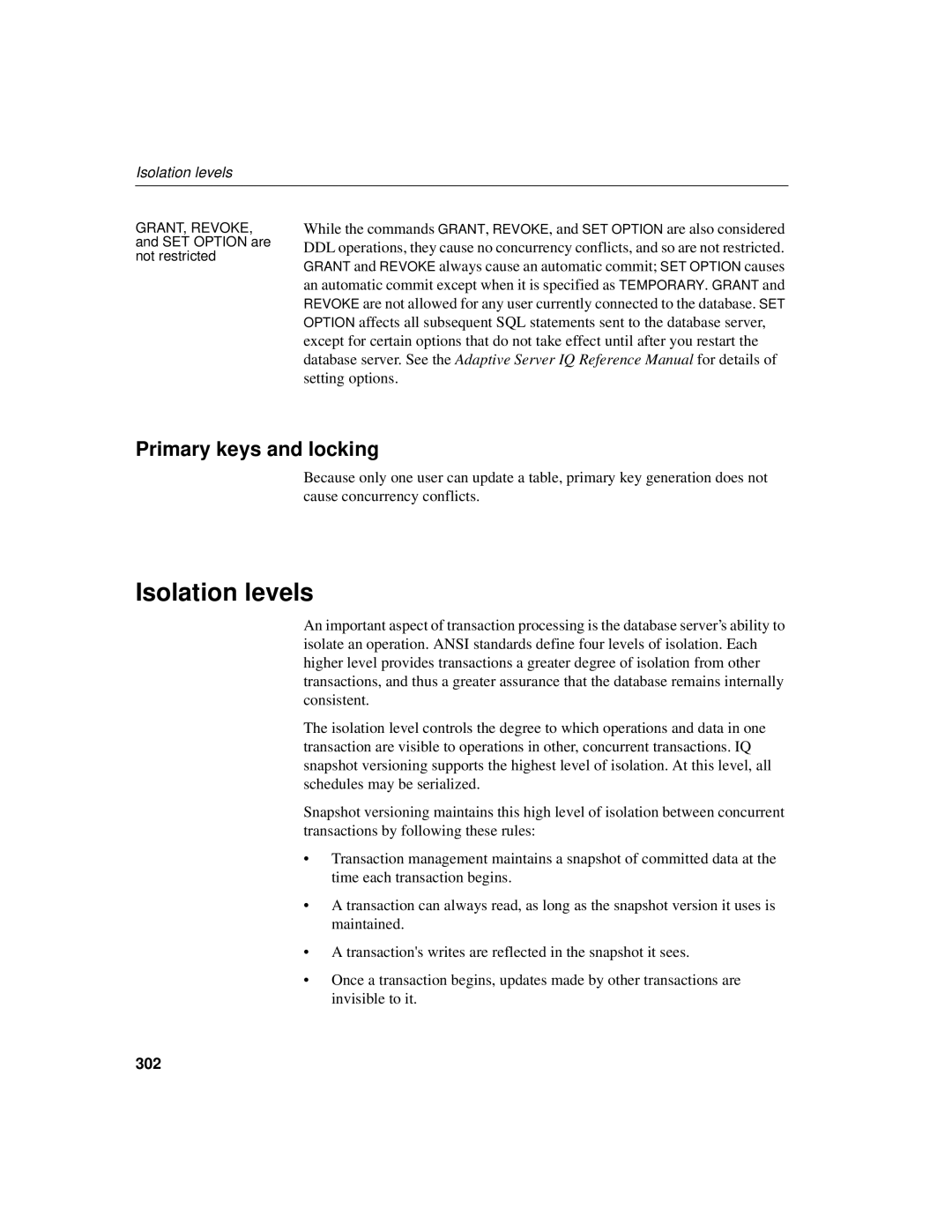 Sybase 12.4.2 manual Isolation levels, Primary keys and locking, 302 