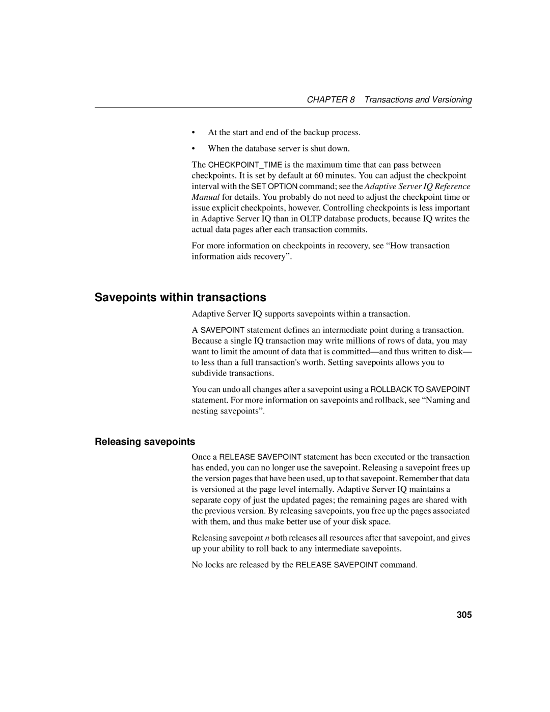 Sybase 12.4.2 manual Savepoints within transactions, Releasing savepoints, 305 