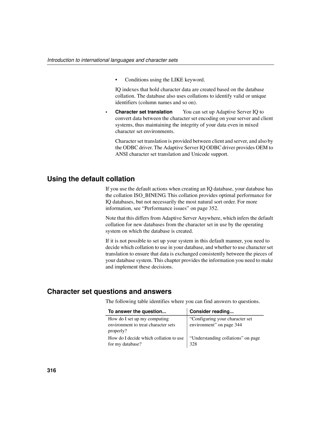 Sybase 12.4.2 manual Using the default collation, Character set questions and answers, 316 