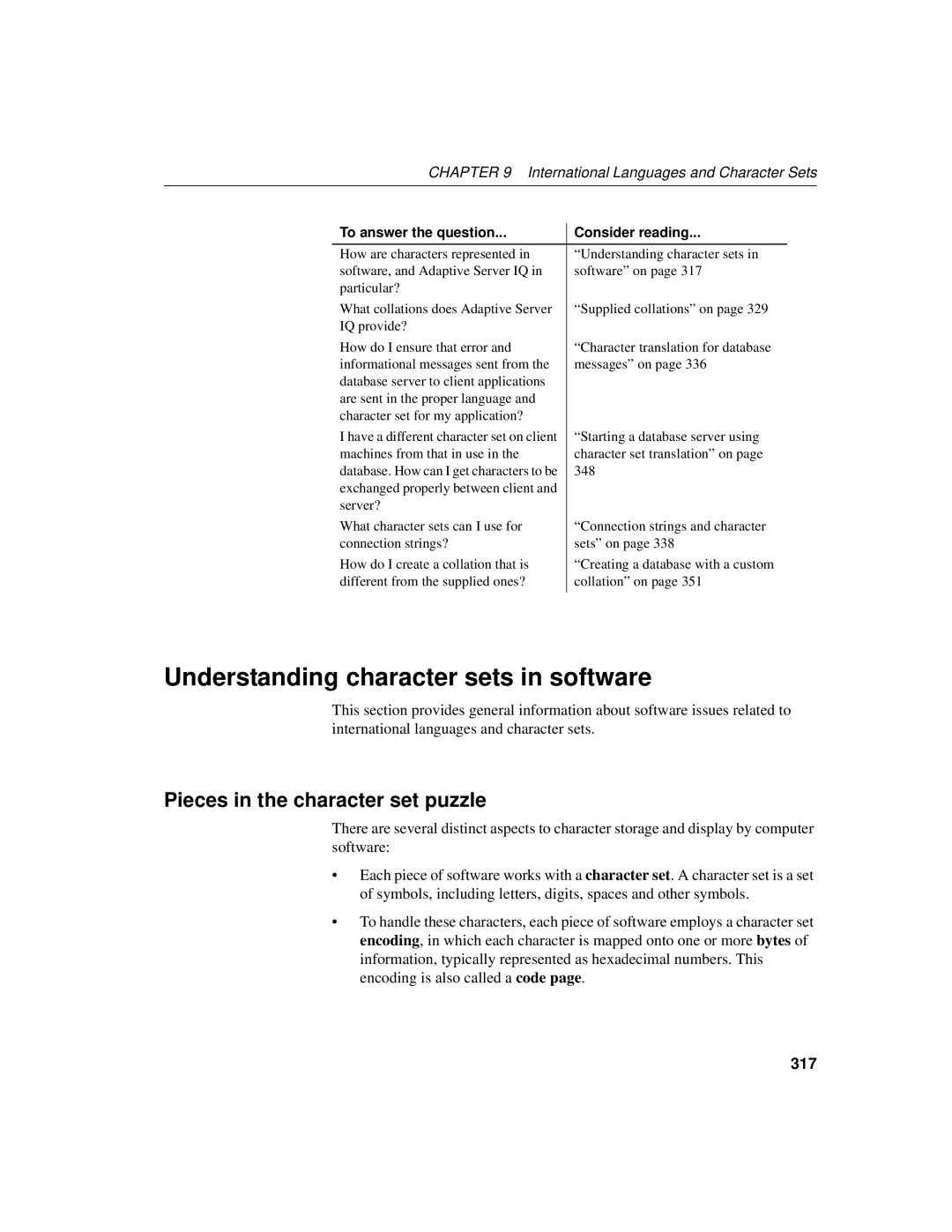 Sybase 12.4.2 manual Understanding character sets in software, Pieces in the character set puzzle, 317 