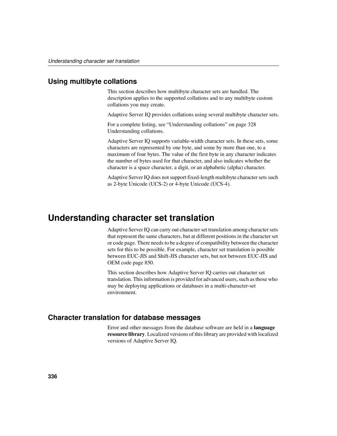 Sybase 12.4.2 manual Understanding character set translation, Using multibyte collations, 336 