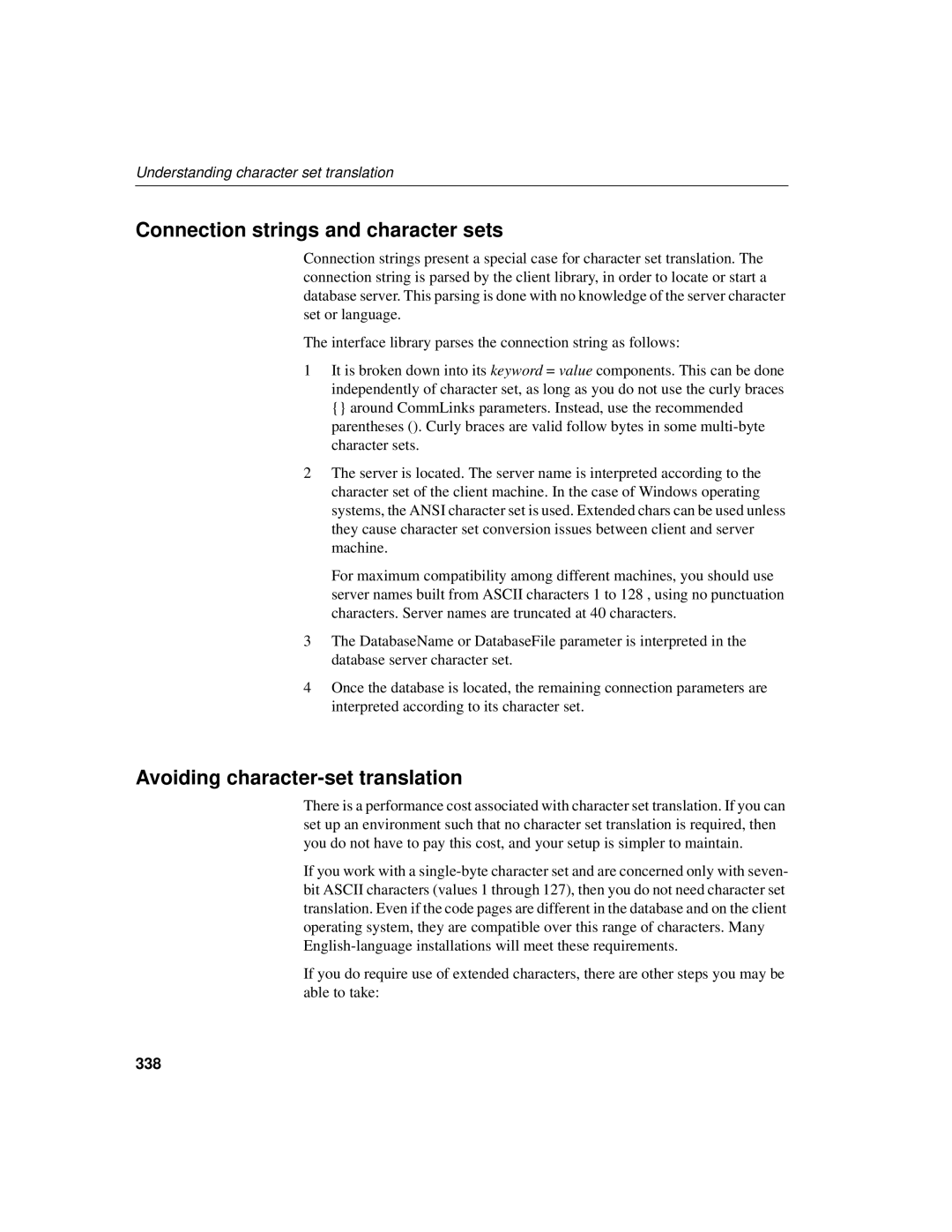 Sybase 12.4.2 manual Connection strings and character sets, Avoiding character-set translation, 338 