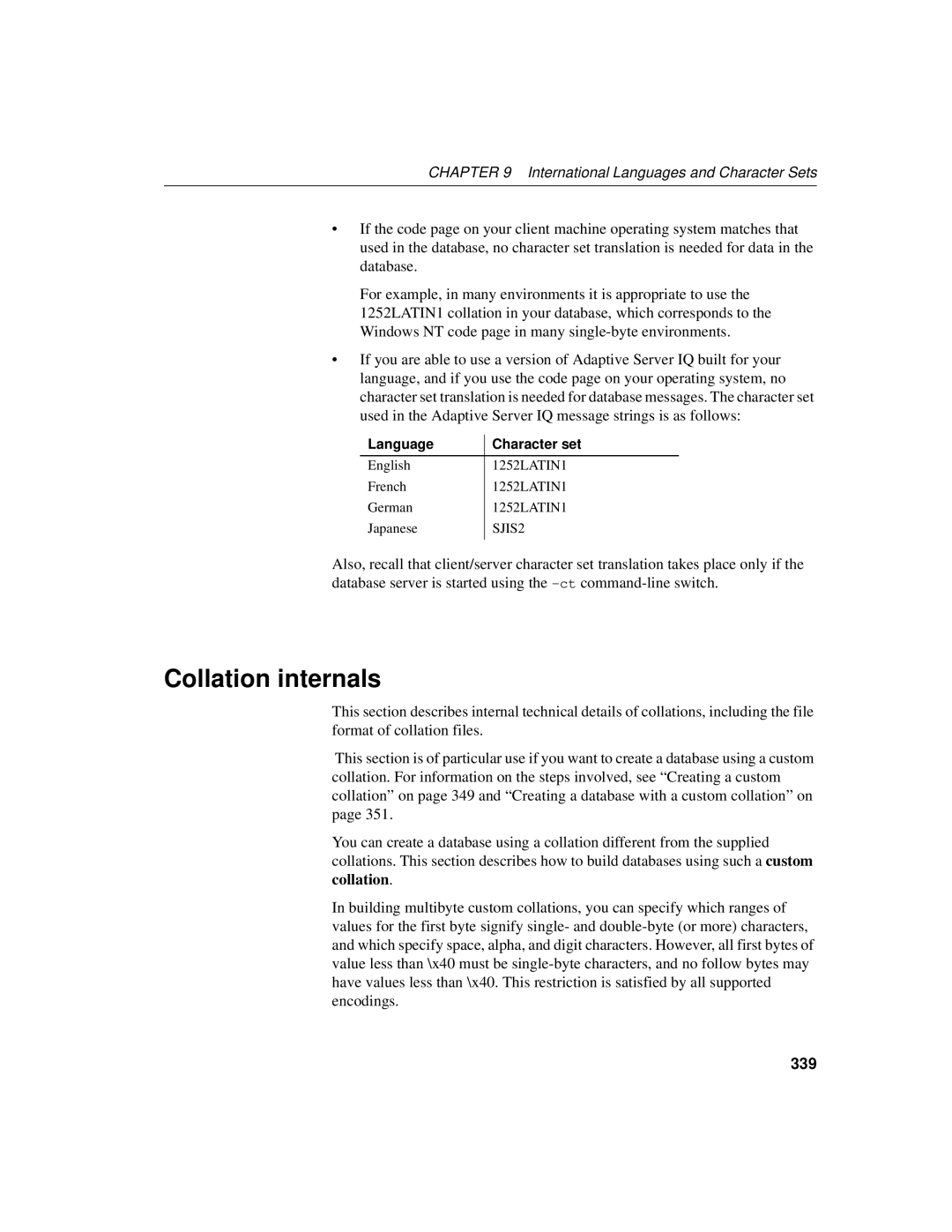 Sybase 12.4.2 manual Collation internals, 339, Language Character set 