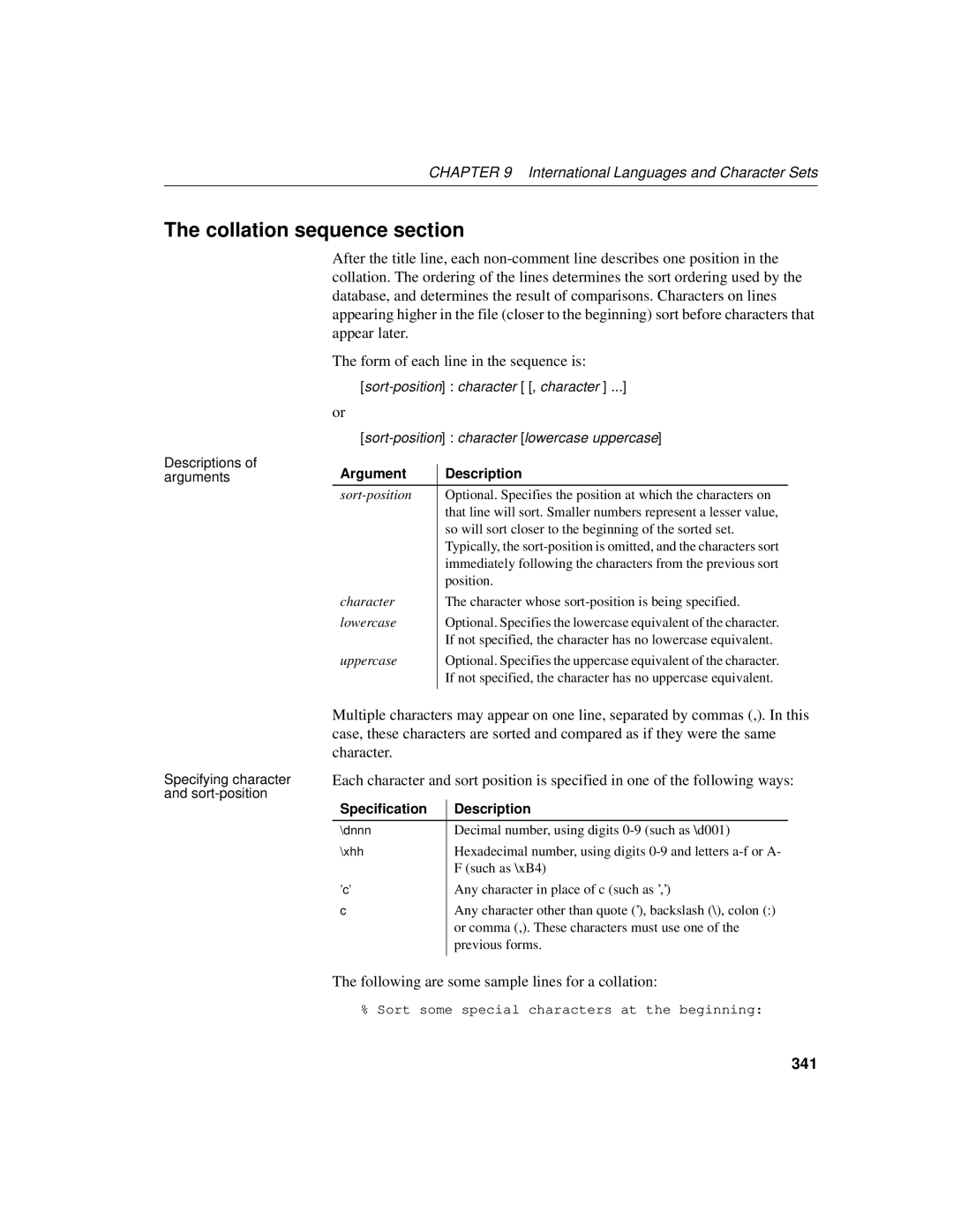 Sybase 12.4.2 manual Collation sequence section, Following are some sample lines for a collation, 341, Argument Description 