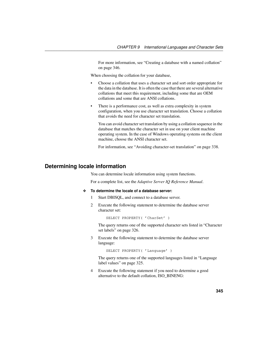 Sybase 12.4.2 manual Determining locale information, You can determine locale information using system functions, 345 