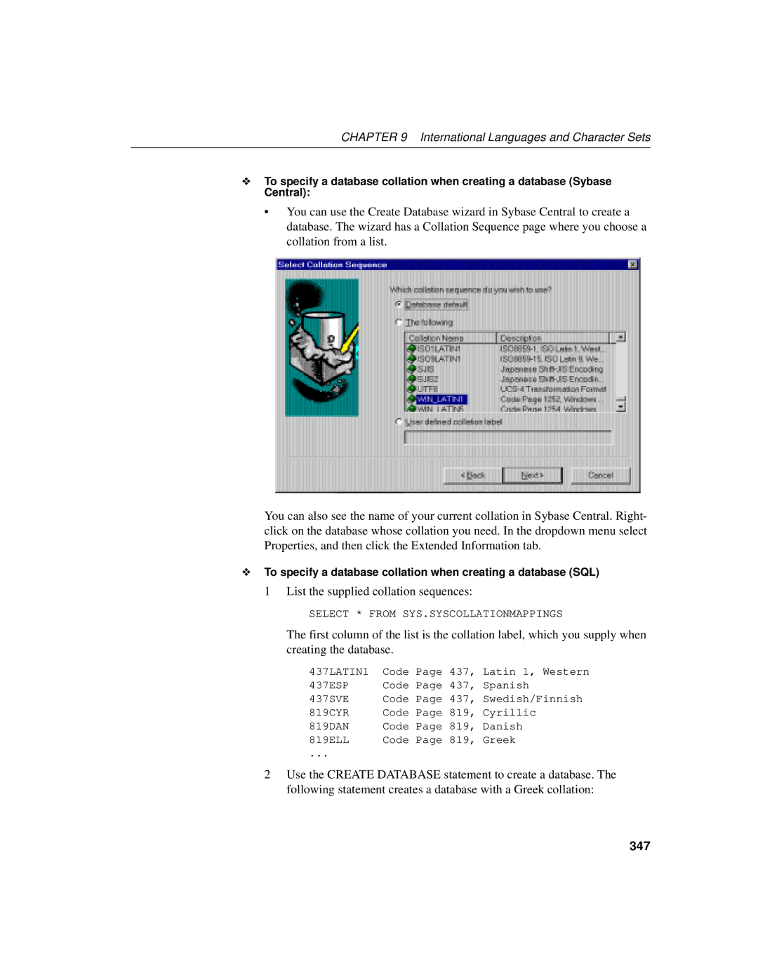 Sybase 12.4.2 manual List the supplied collation sequences, 347 