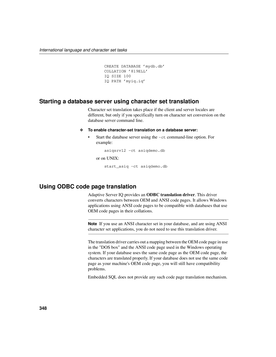 Sybase 12.4.2 Starting a database server using character set translation, Using Odbc code page translation, Or on Unix 