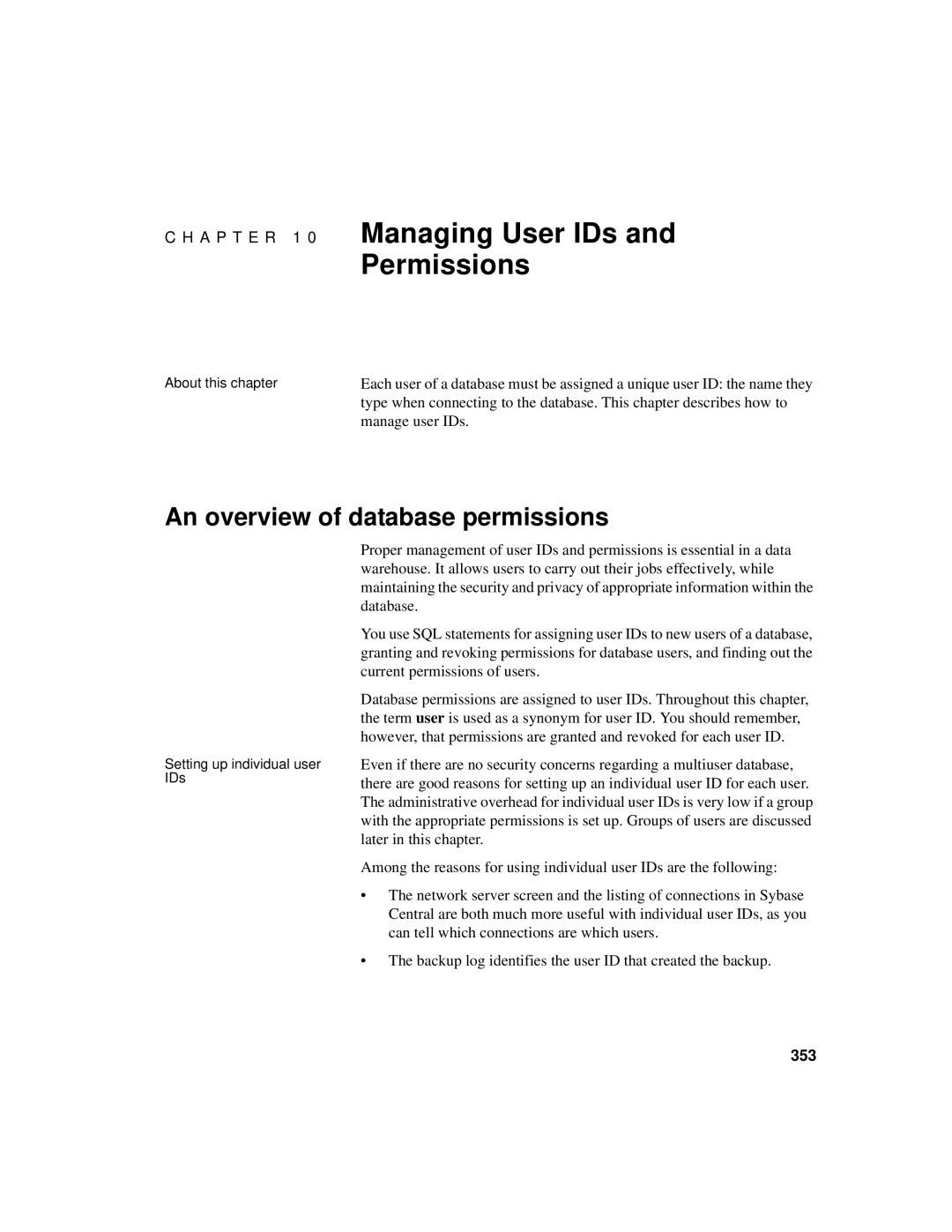 Sybase 12.4.2 manual An overview of database permissions, Manage user IDs, 353 