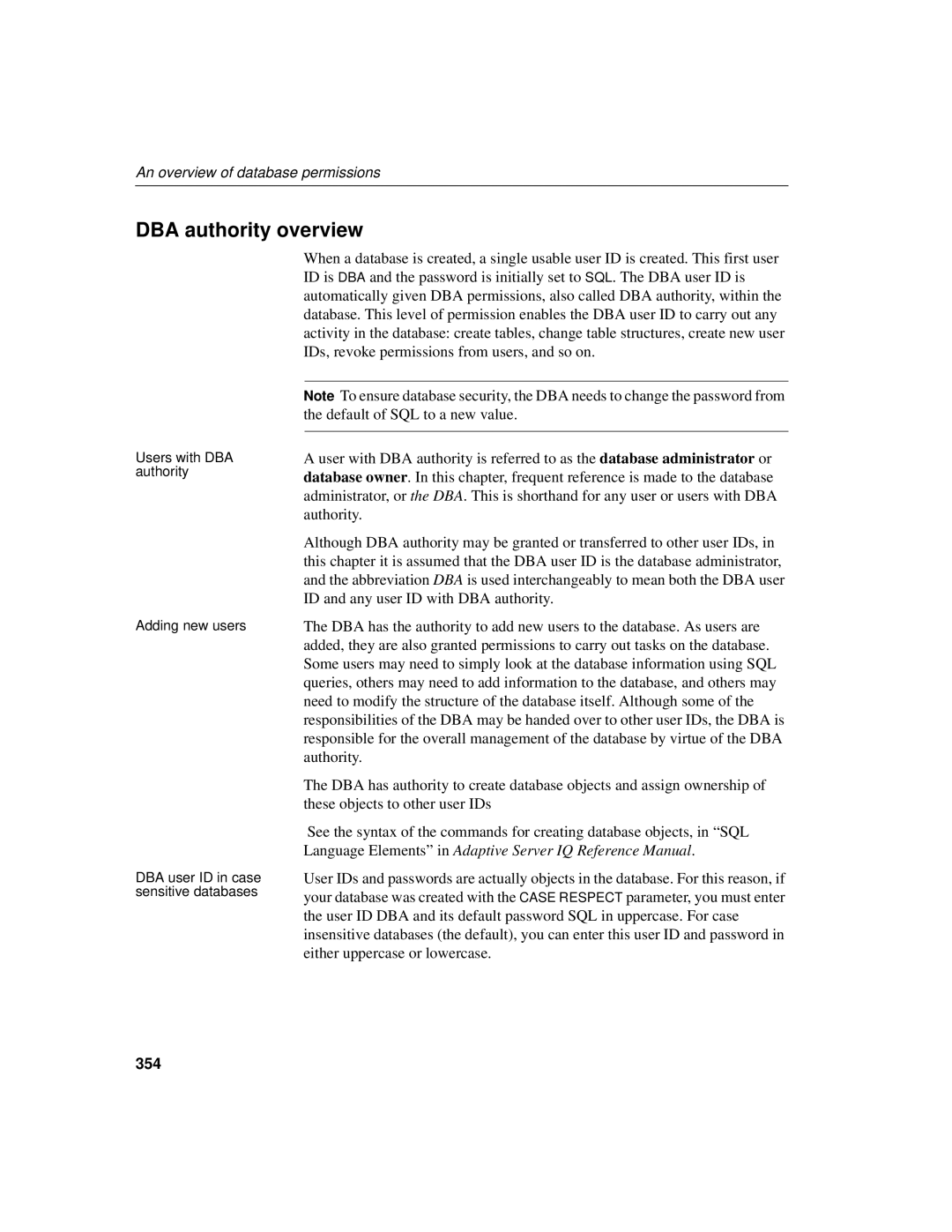 Sybase 12.4.2 manual DBA authority overview, An overview of database permissions, 354 