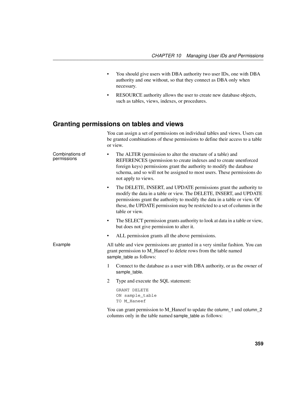 Sybase 12.4.2 manual Granting permissions on tables and views, 359 