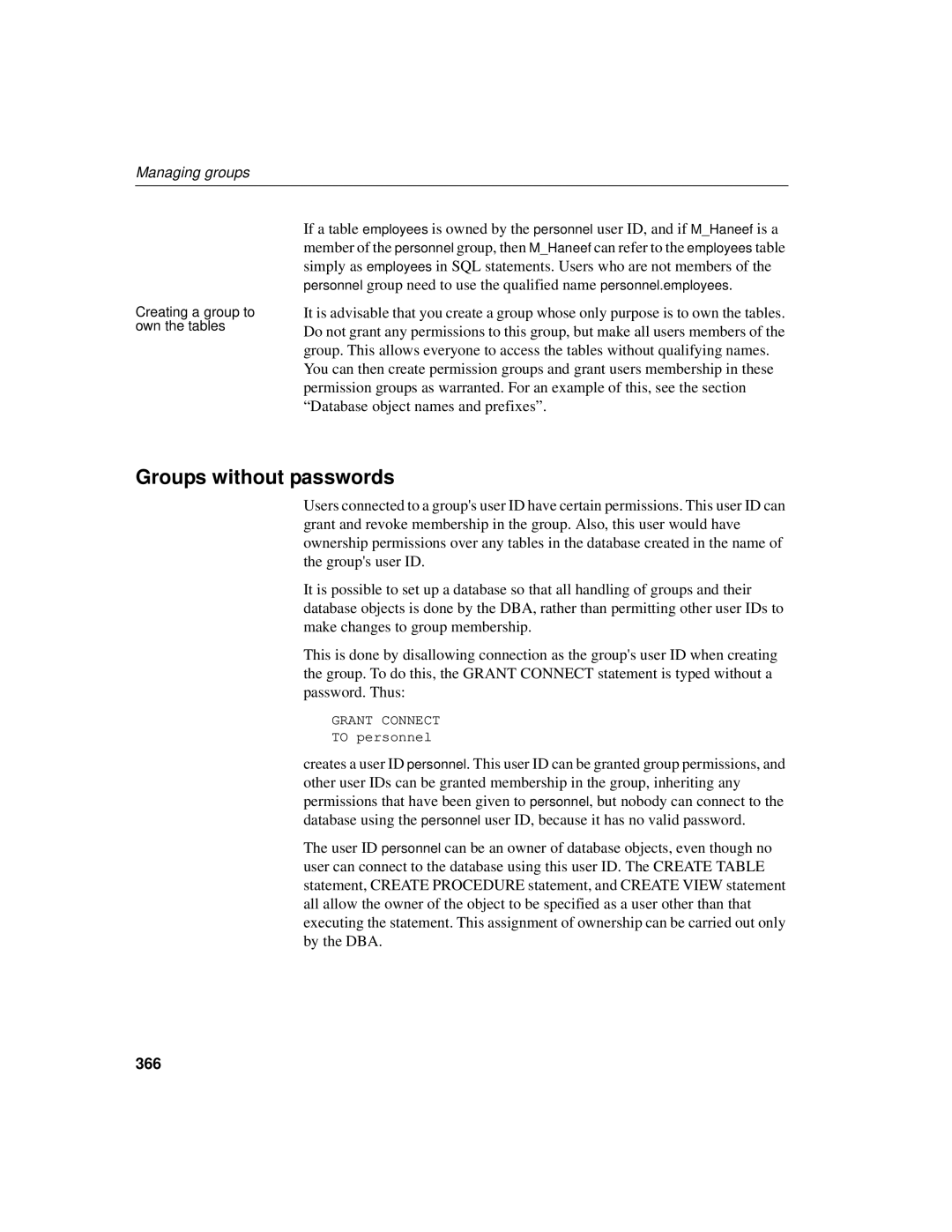 Sybase 12.4.2 manual Groups without passwords, 366 