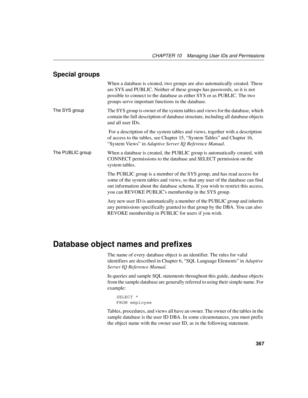 Sybase 12.4.2 manual Database object names and prefixes, Special groups, 367 