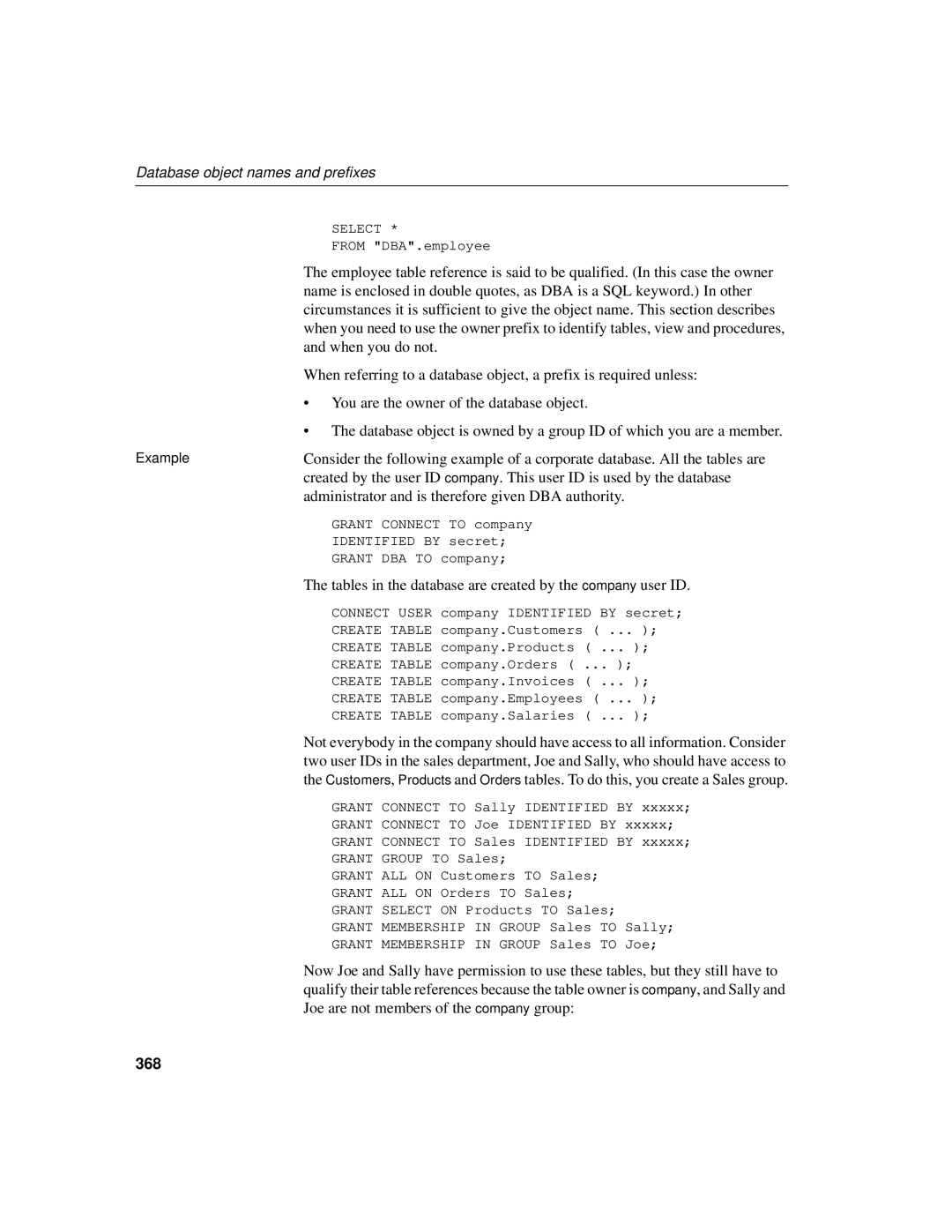 Sybase 12.4.2 manual Database object names and prefixes, 368 