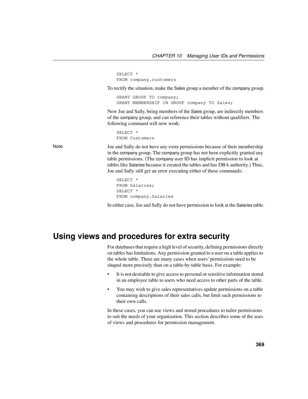 Sybase 12.4.2 manual Using views and procedures for extra security, Following command will now work, 369 