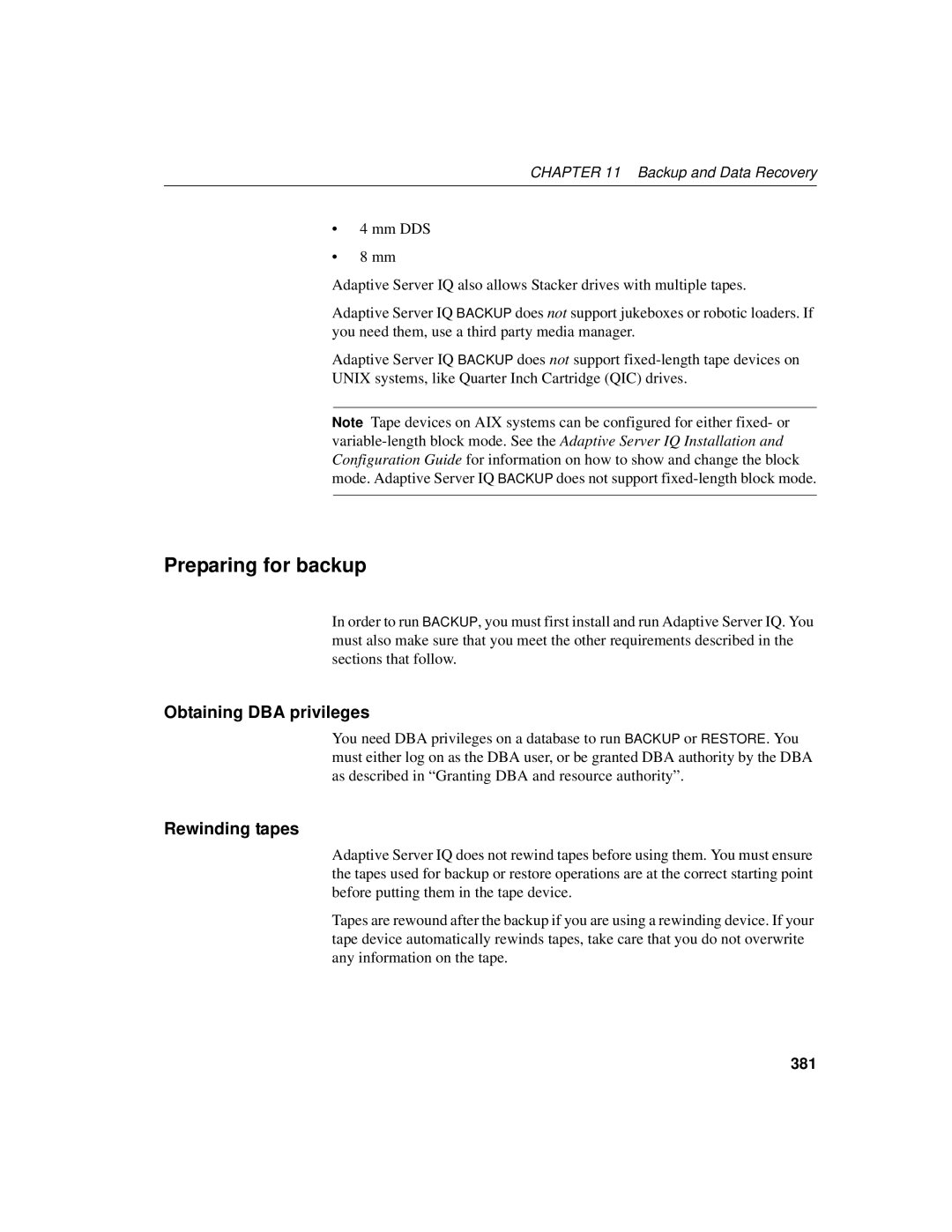 Sybase 12.4.2 manual Preparing for backup, Obtaining DBA privileges, Rewinding tapes, 381 