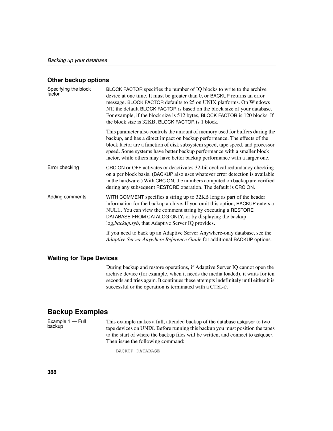 Sybase 12.4.2 manual Backup Examples, Other backup options, Waiting for Tape Devices, 388 