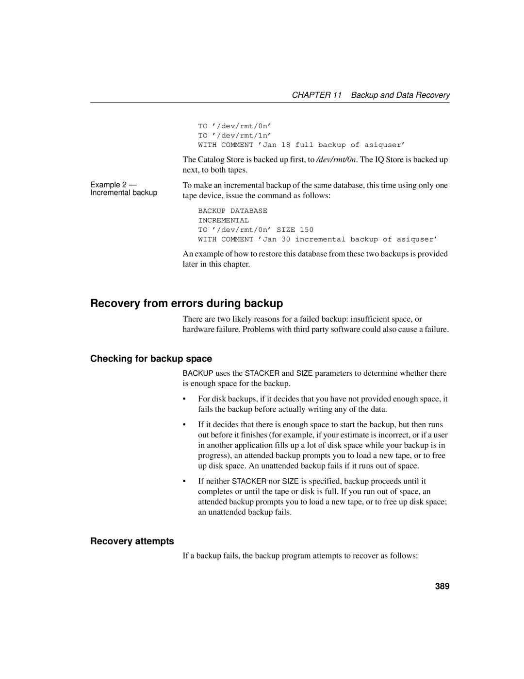 Sybase 12.4.2 manual Recovery from errors during backup, Checking for backup space, Recovery attempts, 389 