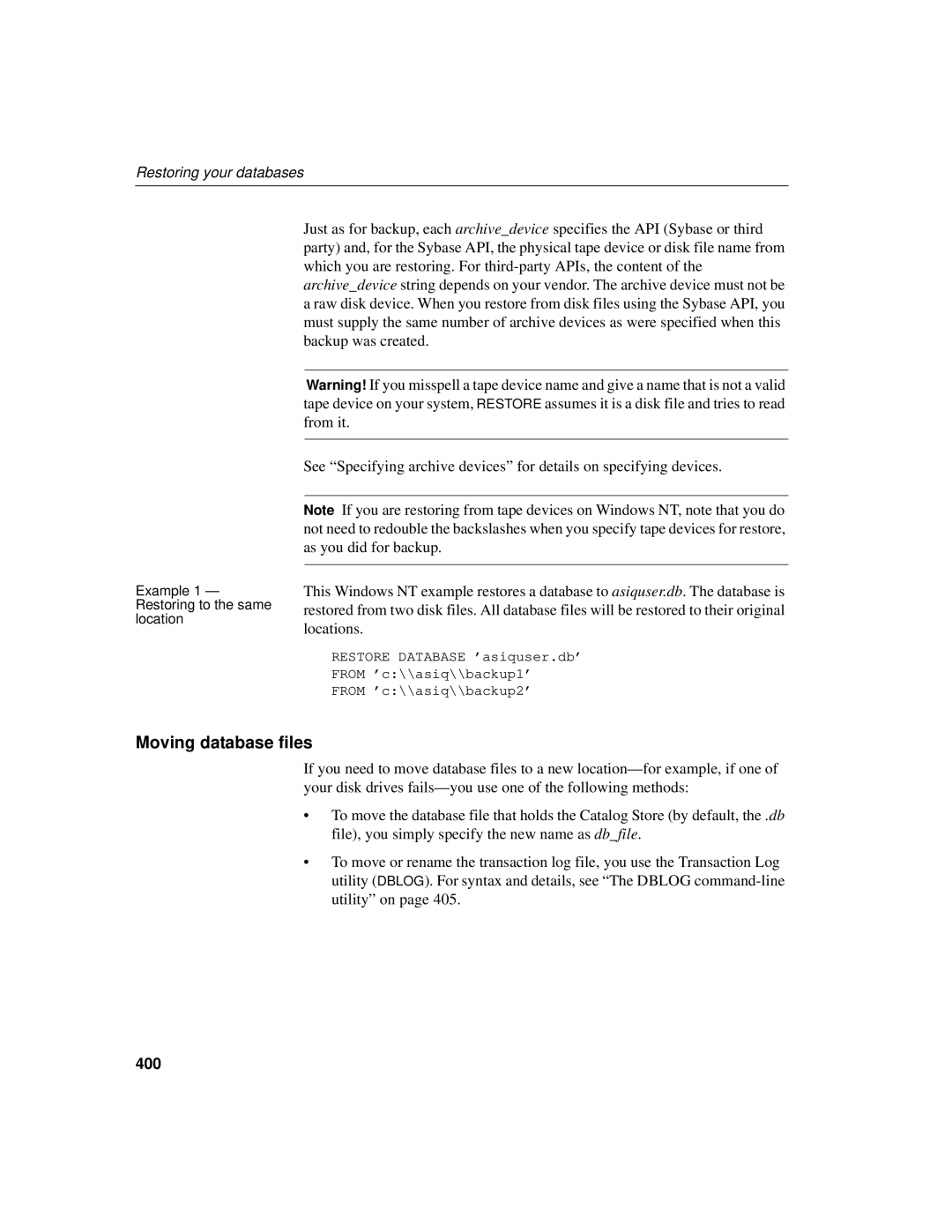 Sybase 12.4.2 manual Moving database files, 400 