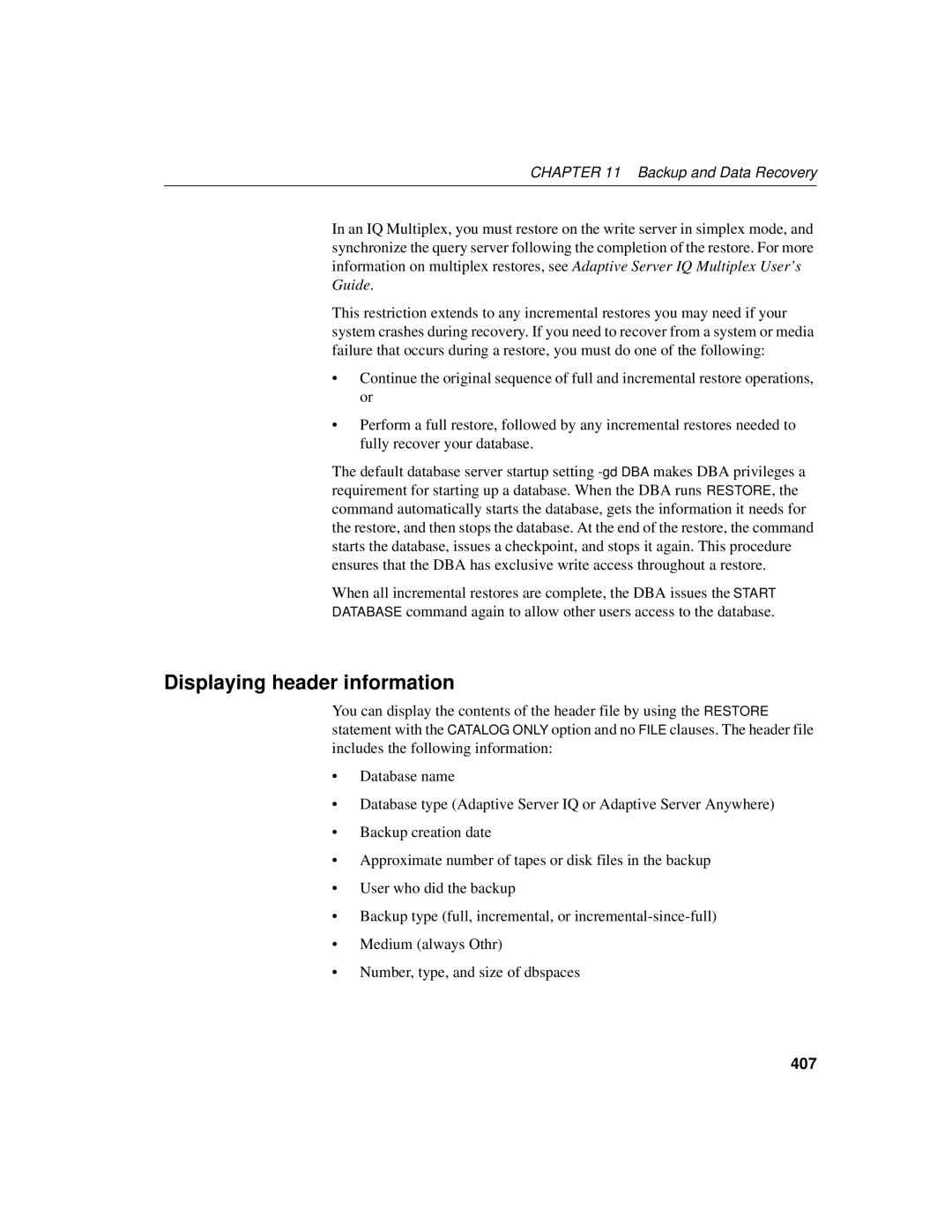 Sybase 12.4.2 manual Displaying header information, 407 