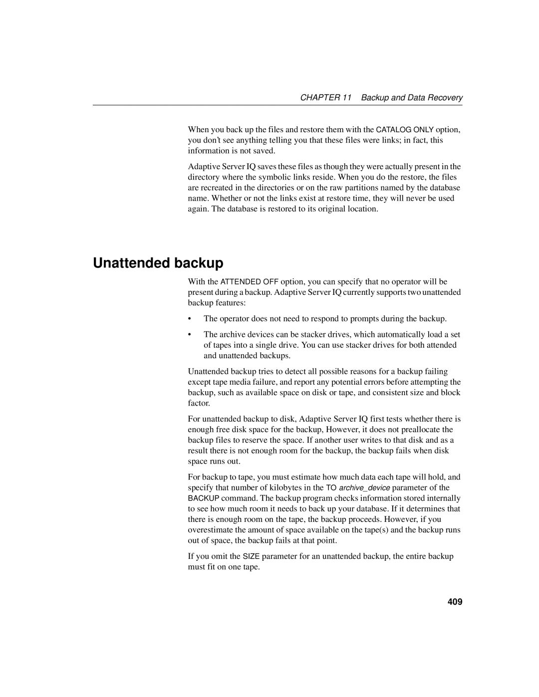 Sybase 12.4.2 manual Unattended backup, 409 