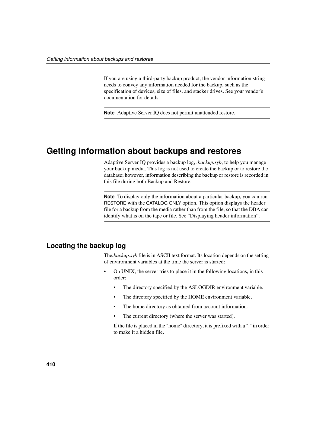 Sybase 12.4.2 manual Getting information about backups and restores, Locating the backup log, 410 