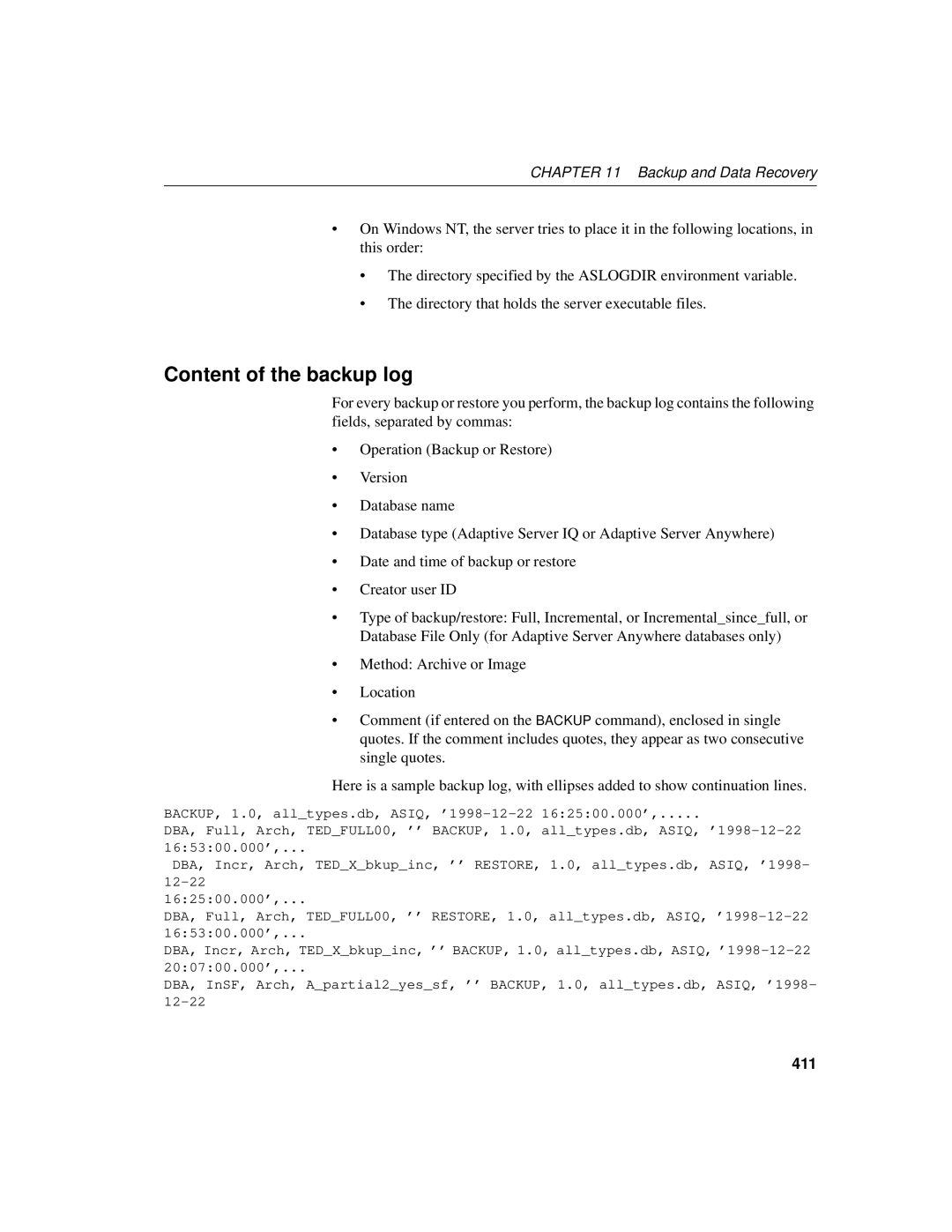 Sybase 12.4.2 manual Content of the backup log, 411 