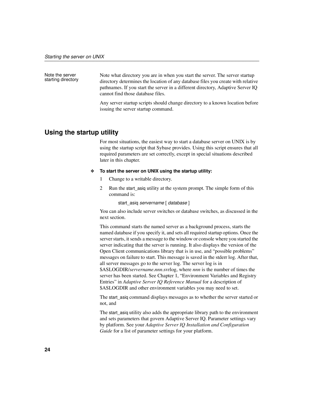 Sybase 12.4.2 manual Using the startup utility, Starting the server on Unix 