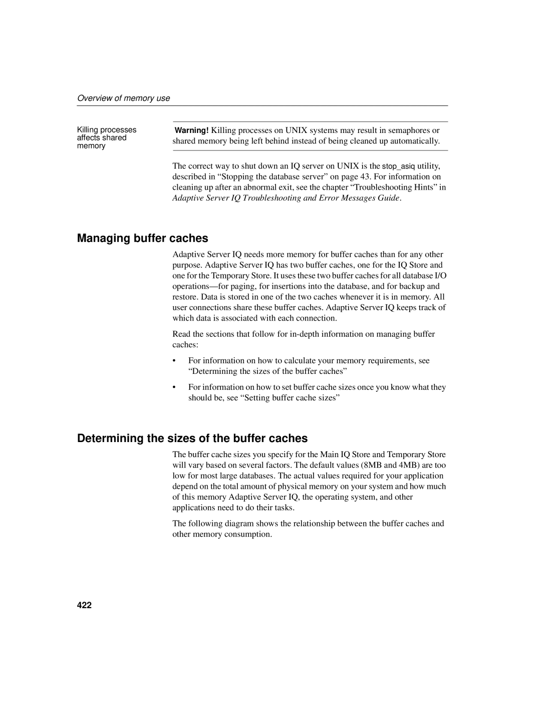 Sybase 12.4.2 manual Managing buffer caches, Determining the sizes of the buffer caches, 422 