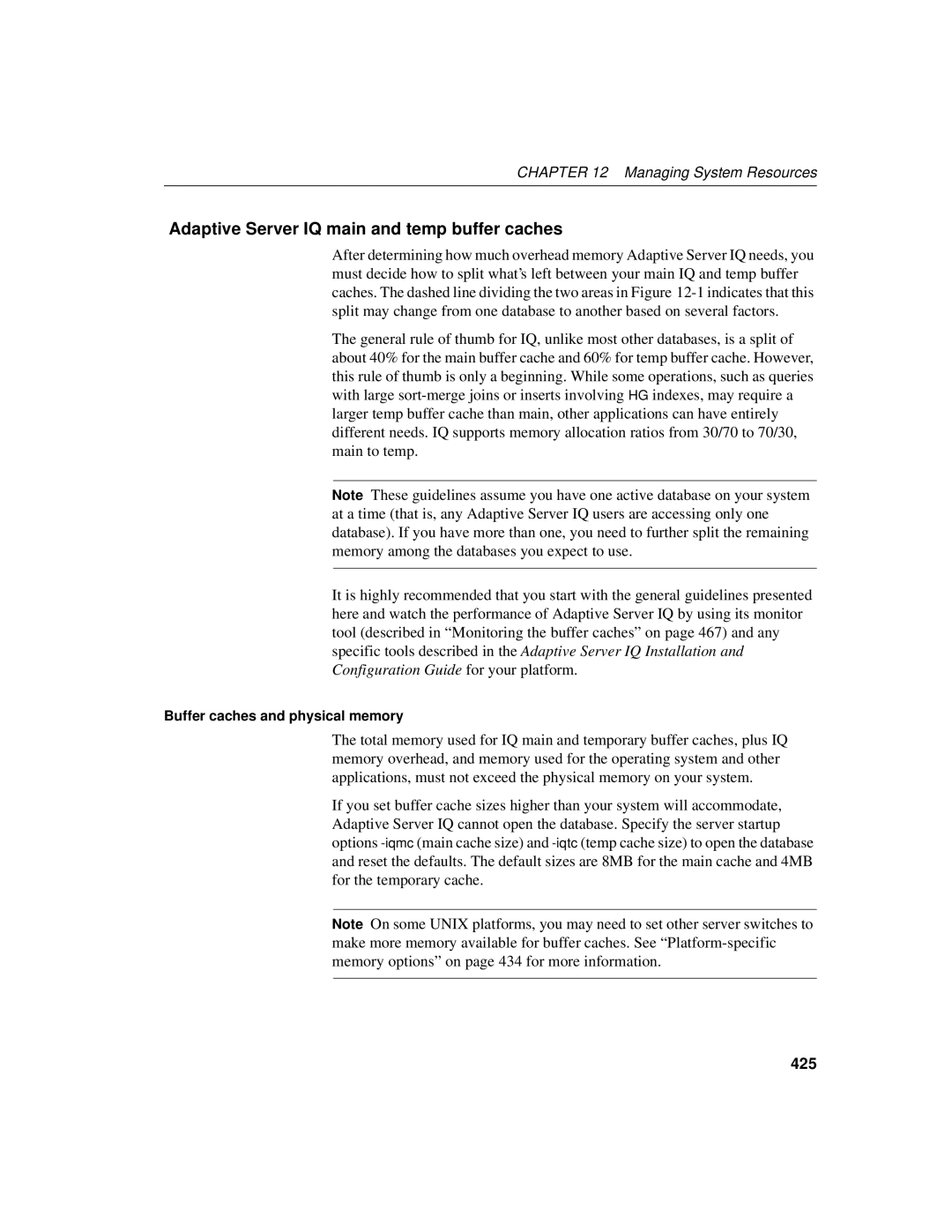 Sybase 12.4.2 manual Adaptive Server IQ main and temp buffer caches, 425, Buffer caches and physical memory 
