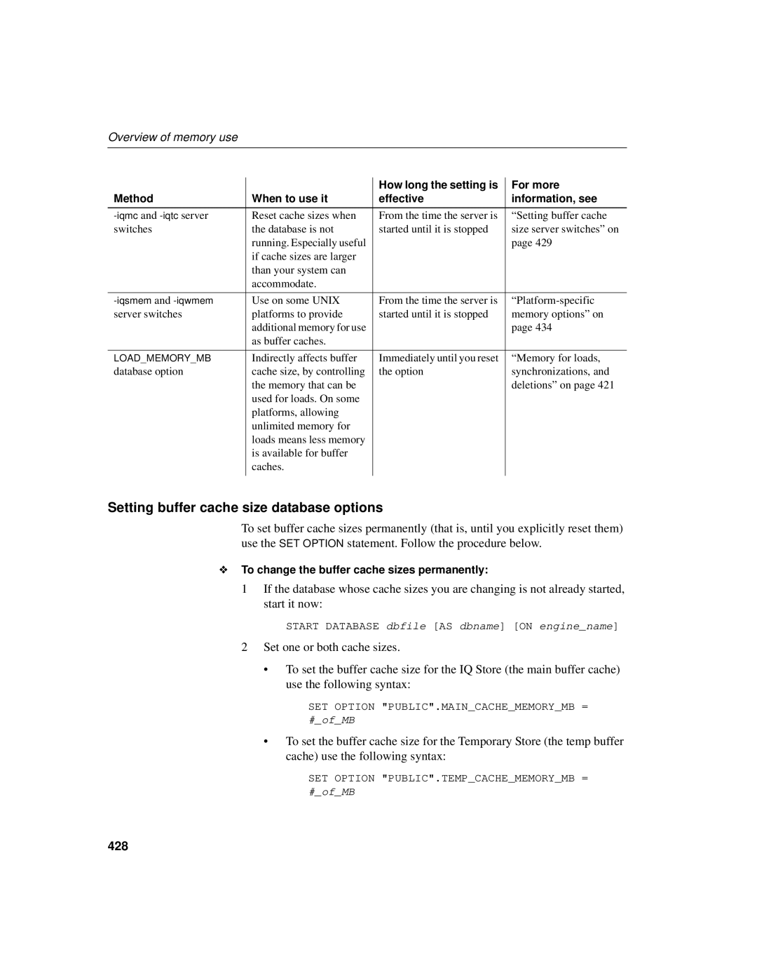 Sybase 12.4.2 manual Setting buffer cache size database options, 428, To change the buffer cache sizes permanently 