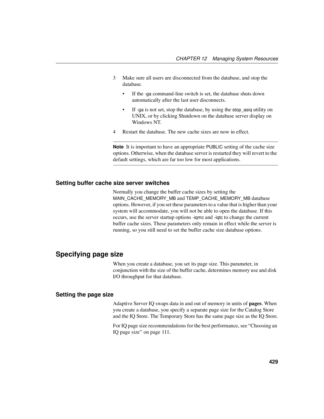 Sybase 12.4.2 manual Specifying page size, Setting buffer cache size server switches, Setting the page size, 429 