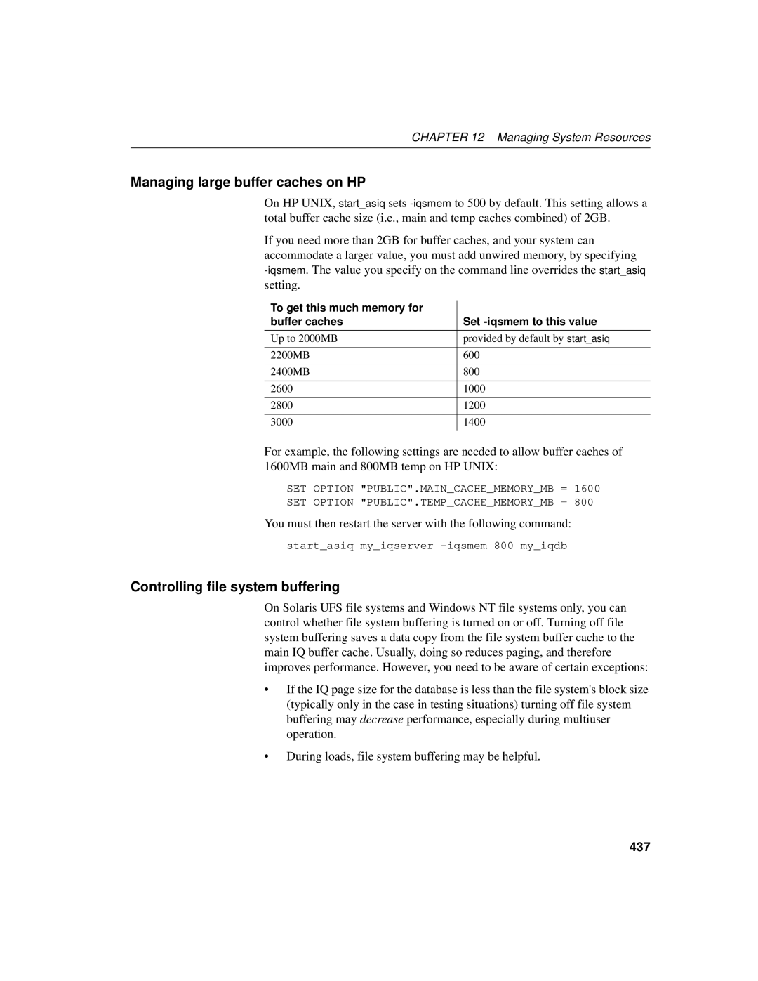 Sybase 12.4.2 manual Managing large buffer caches on HP, Controlling file system buffering, 437 