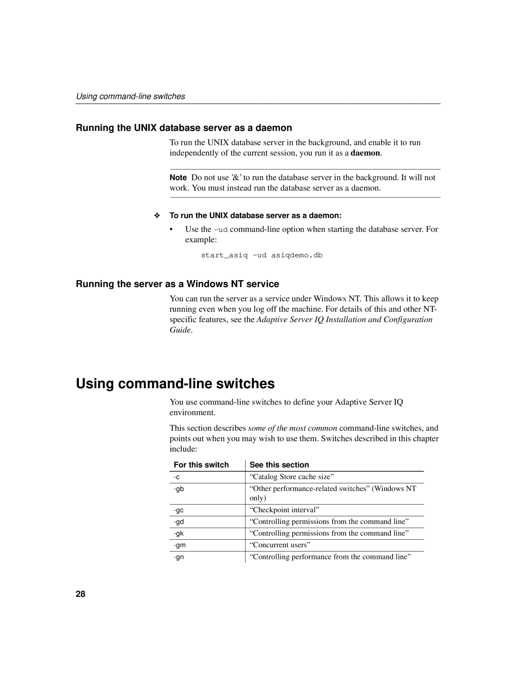 Sybase 12.4.2 manual Using command-line switches, Running the Unix database server as a daemon 