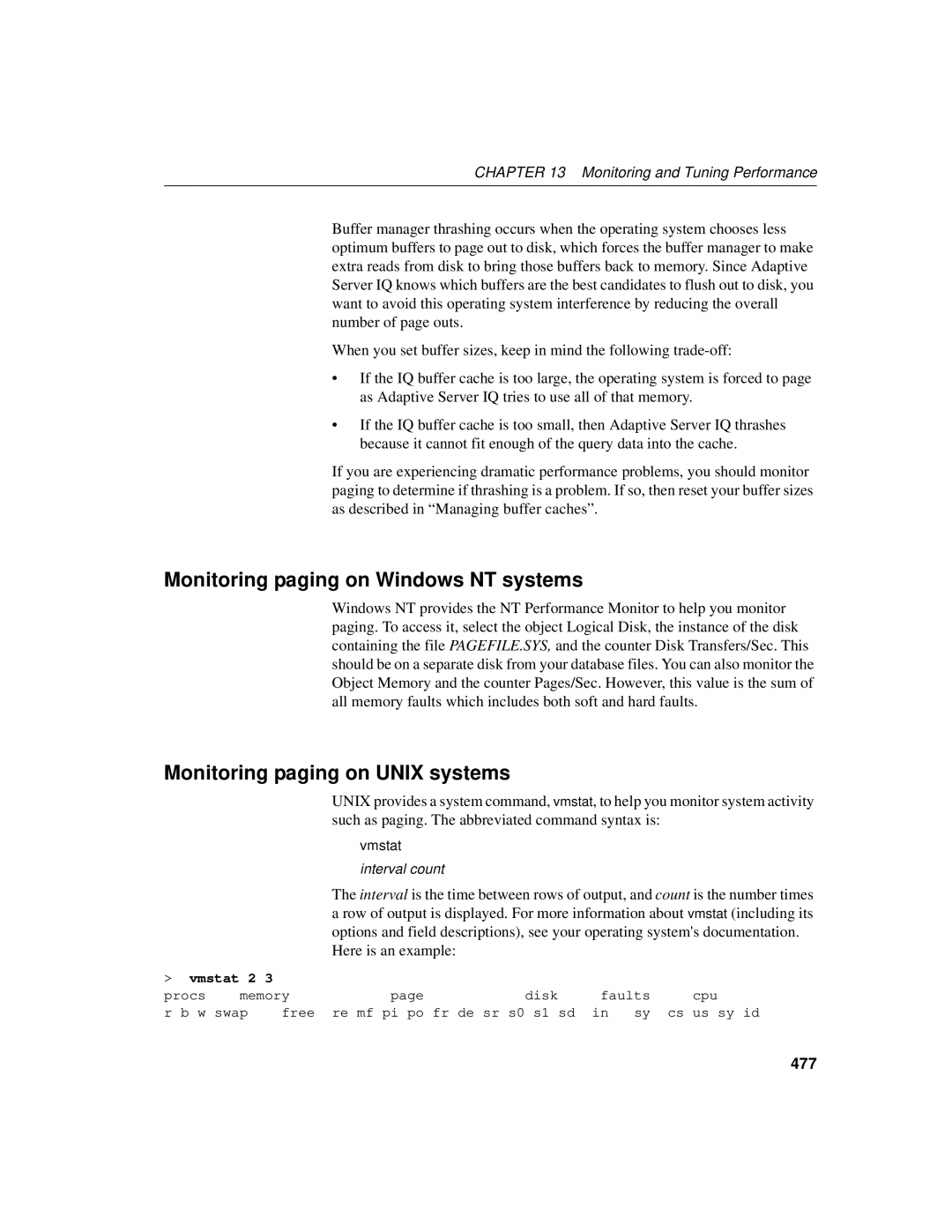 Sybase 12.4.2 manual Monitoring paging on Windows NT systems, Monitoring paging on Unix systems, Here is an example, 477 