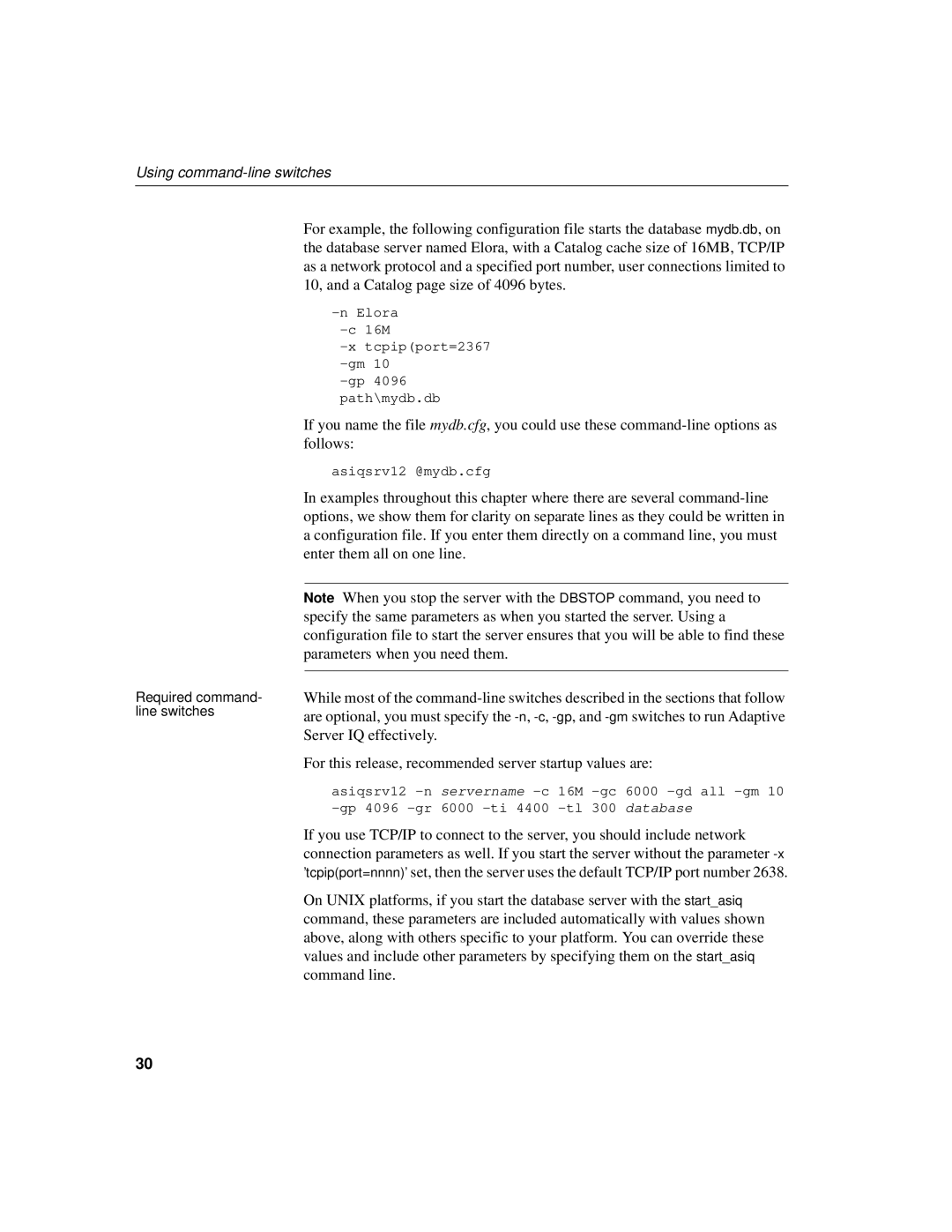 Sybase 12.4.2 manual Elora 16M Tcpipport=2367 -gm Gp 4096 path\mydb.db 