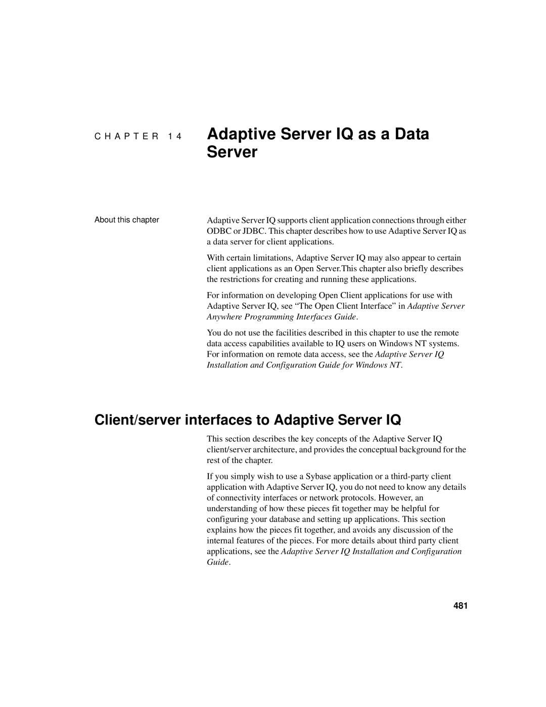 Sybase 12.4.2 manual Client/server interfaces to Adaptive Server IQ, Data server for client applications, 481 