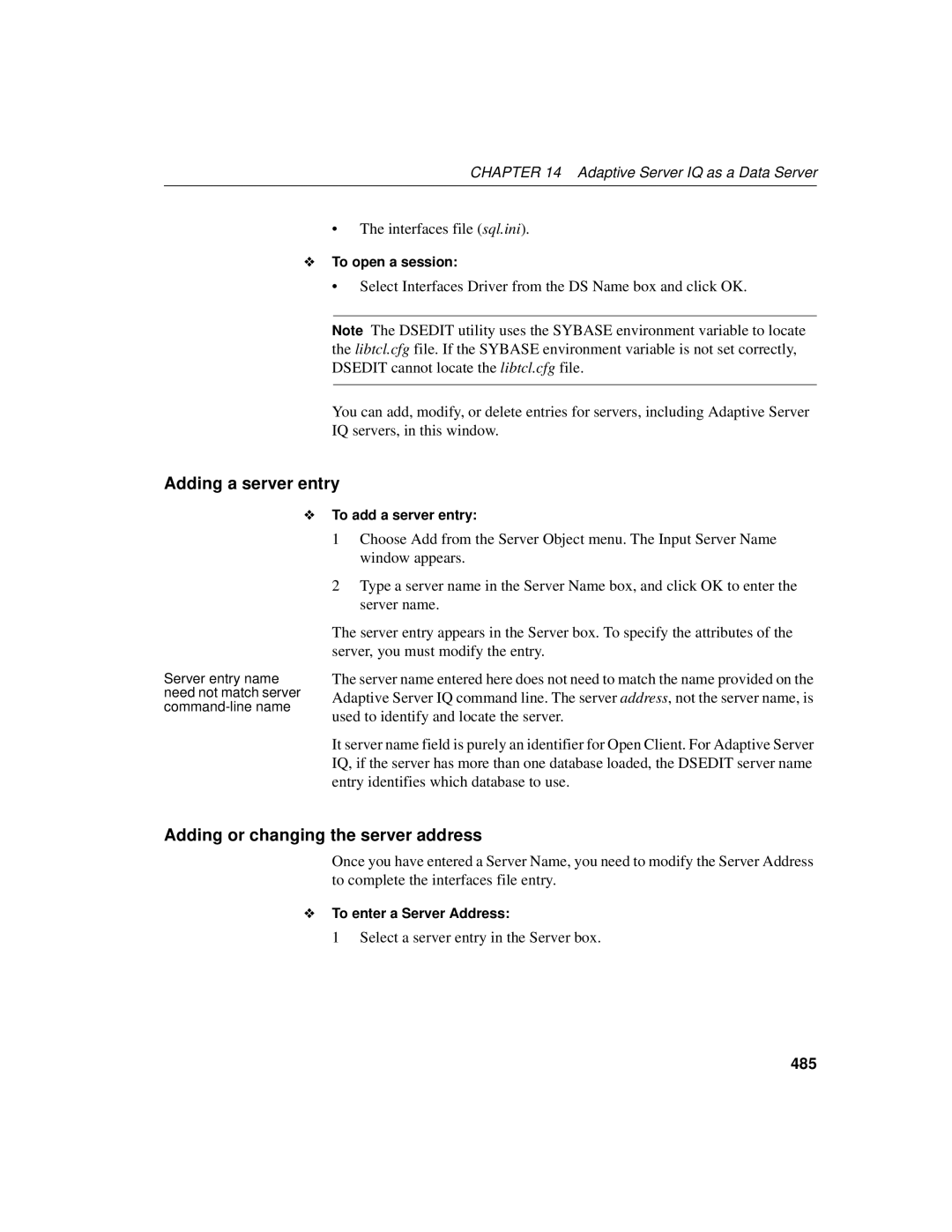 Sybase 12.4.2 manual Adding a server entry, Adding or changing the server address, Interfaces file sql.ini, 485 