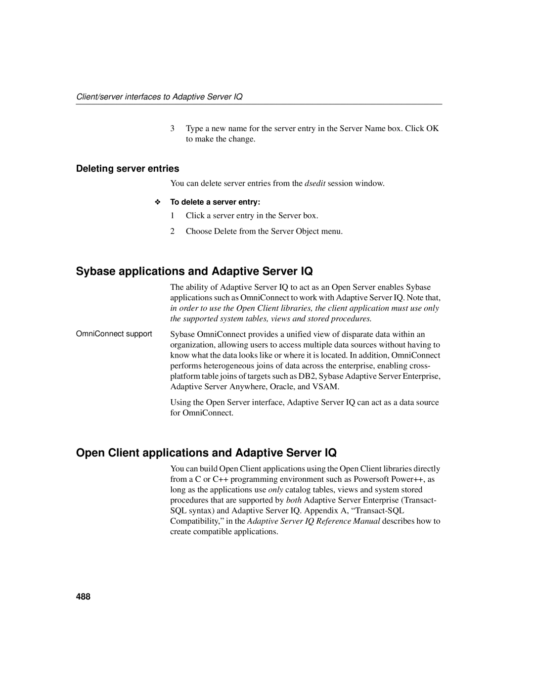 Sybase 12.4.2 manual Sybase applications and Adaptive Server IQ, Open Client applications and Adaptive Server IQ, 488 