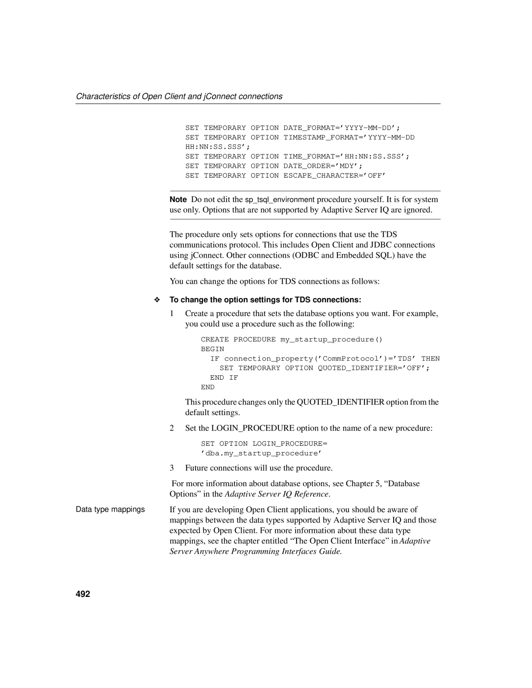 Sybase 12.4.2 manual Characteristics of Open Client and jConnect connections, 492 