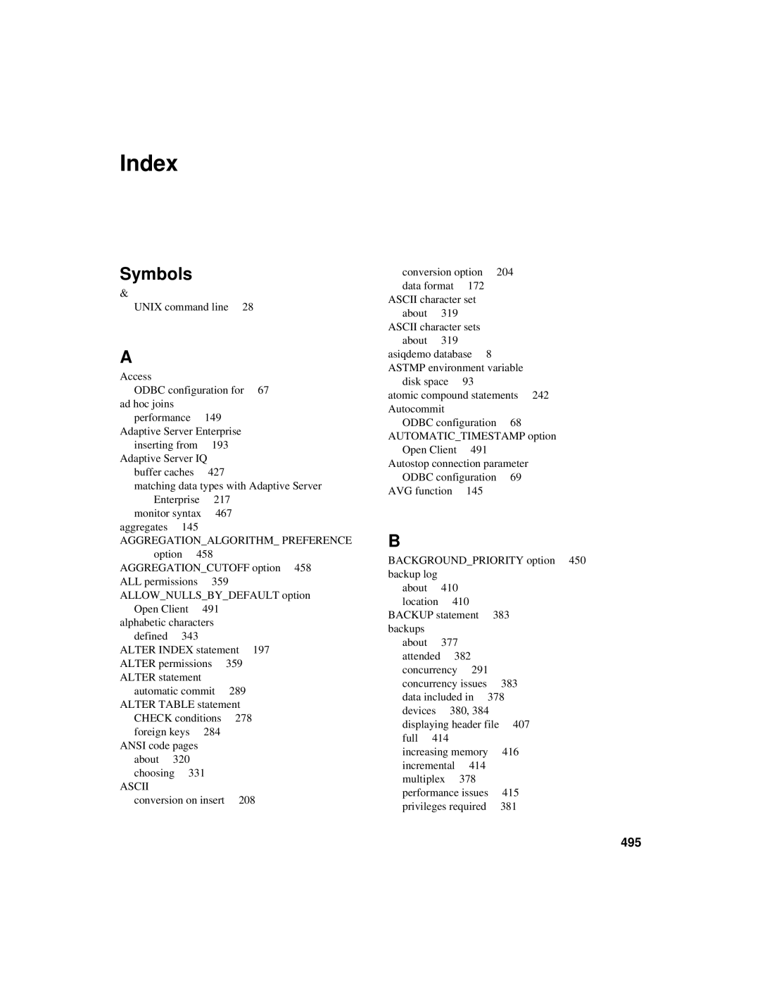 Sybase 12.4.2 manual Index, 495 