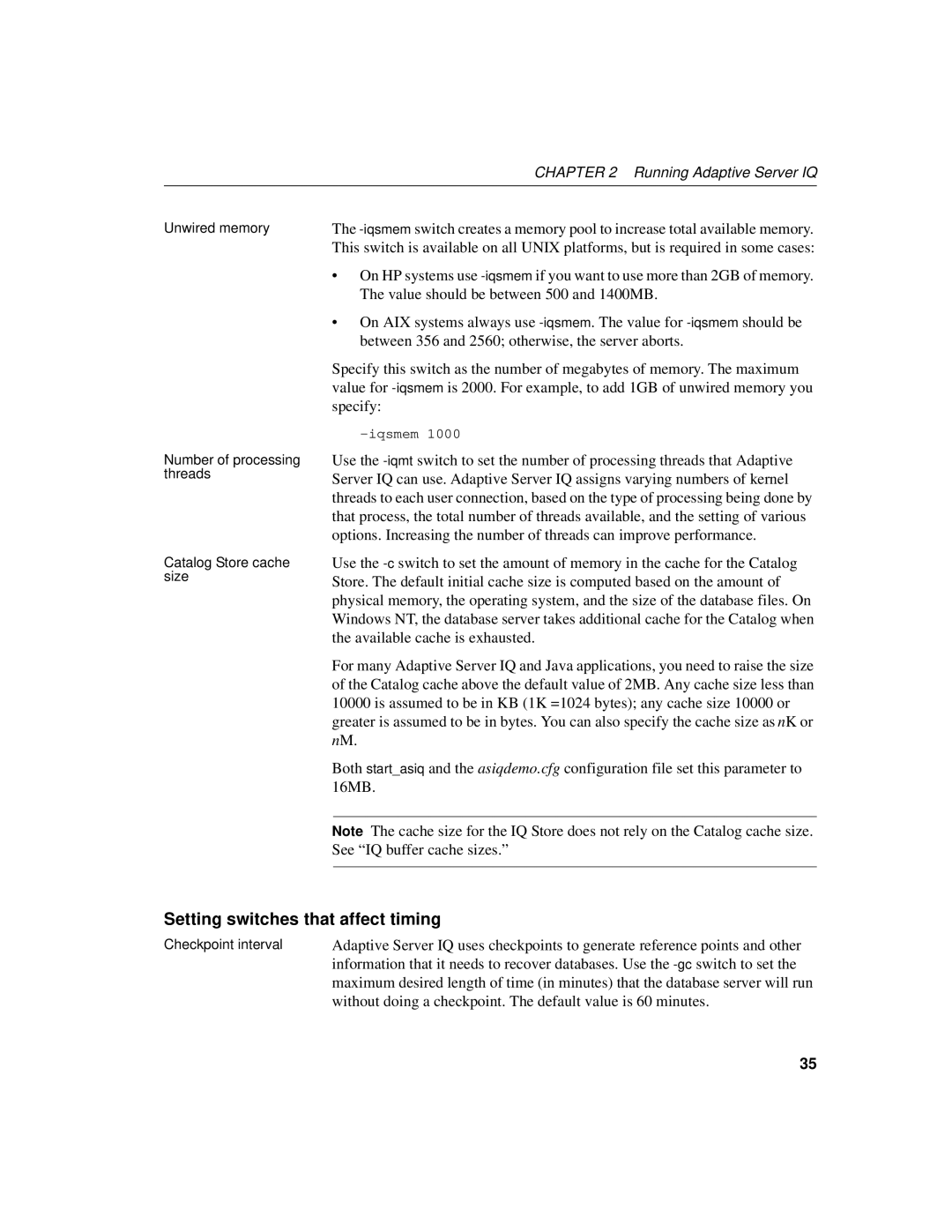 Sybase 12.4.2 manual Setting switches that affect timing 