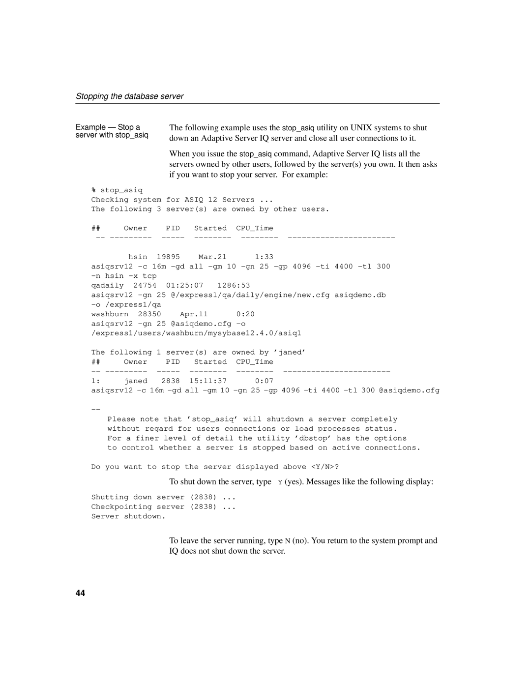 Sybase 12.4.2 manual Stopping the database server, Pid 