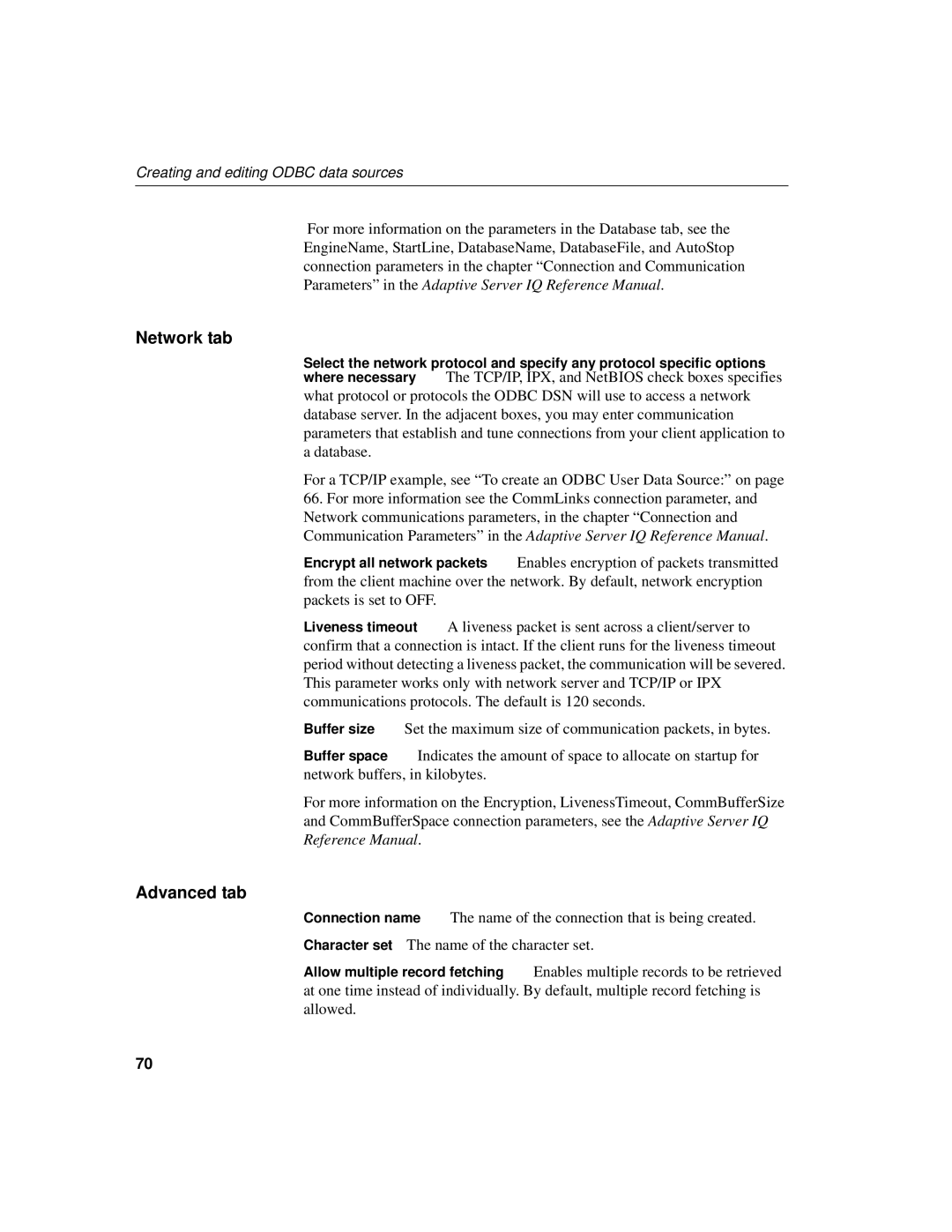 Sybase 12.4.2 manual Network tab, Advanced tab 