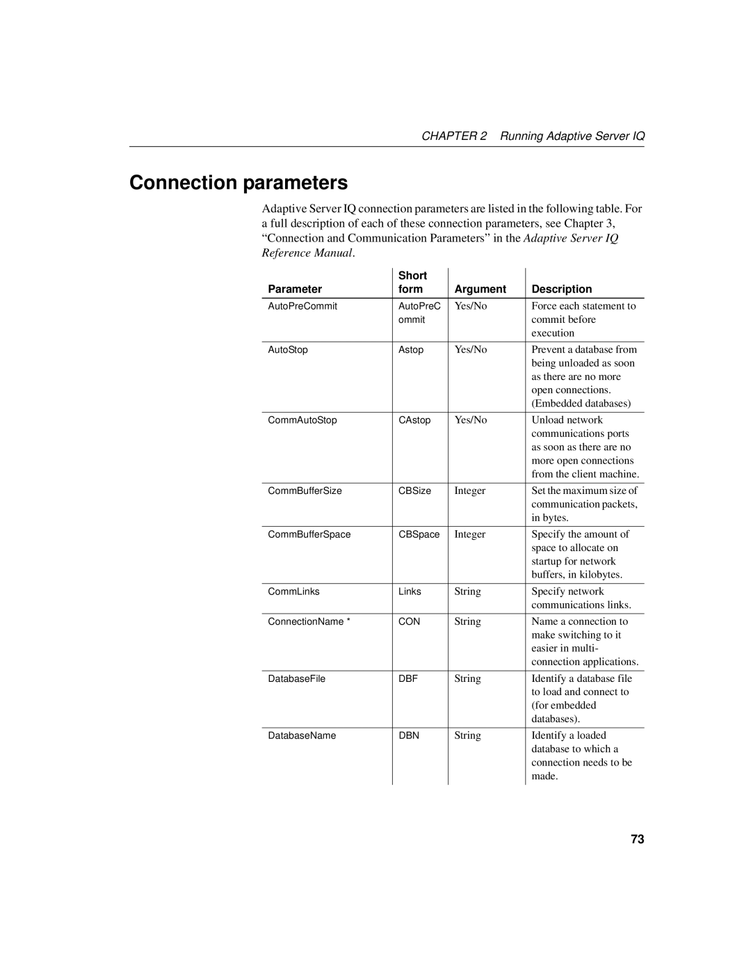 Sybase 12.4.2 manual Connection parameters, Short Parameter Form Argument Description 