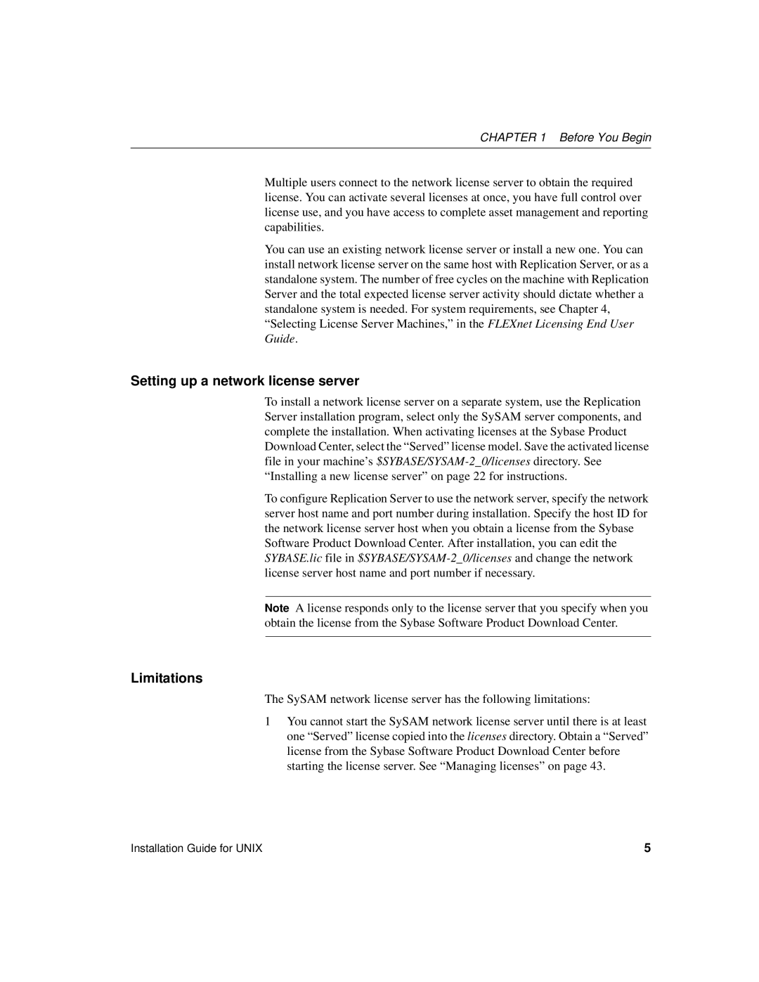 Sybase 15 manual Setting up a network license server, Limitations 