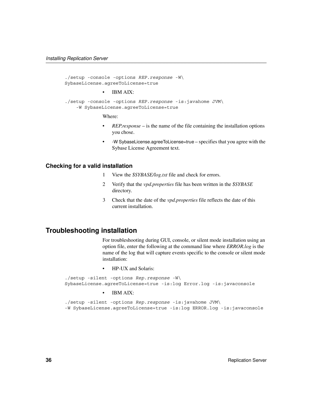 Sybase 15 manual Troubleshooting installation, Checking for a valid installation 