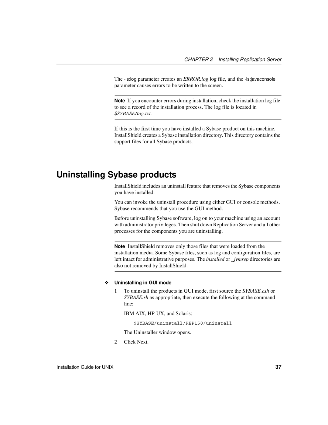 Sybase 15 manual Uninstalling Sybase products 